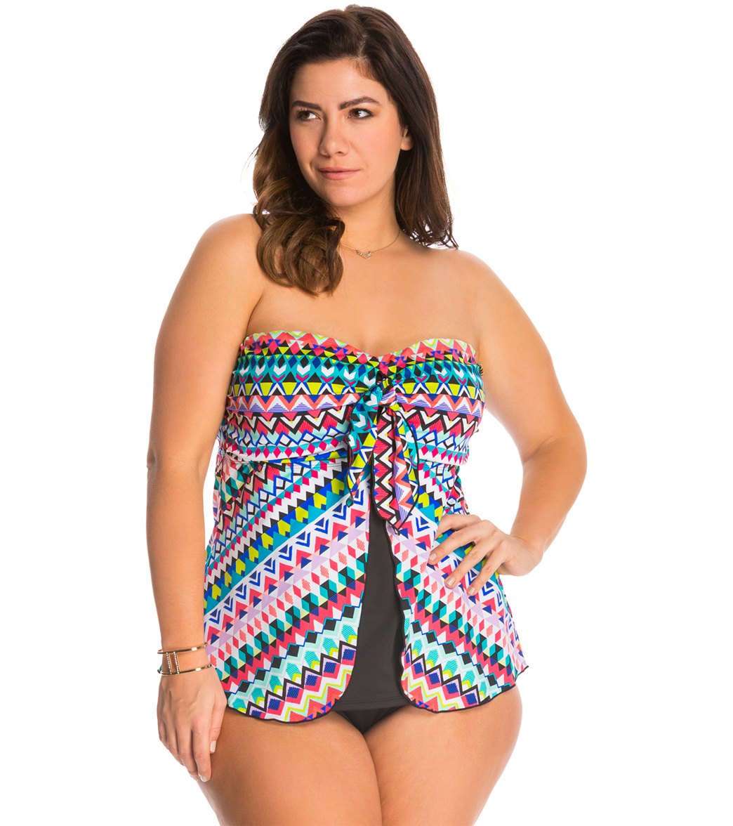 24th & Ocean Plus Size Stop & Geo Bandeau Peek-a-Boo Tankini Top at ...