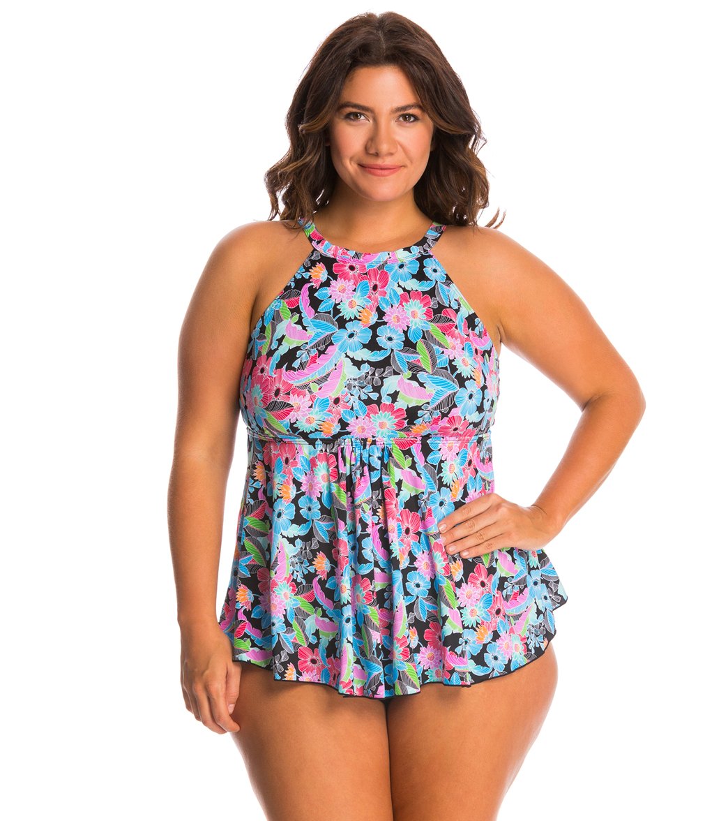 Fit4U Swimwear Plus Size Origami Micro Hi Neck Flared Tankini Top at ...