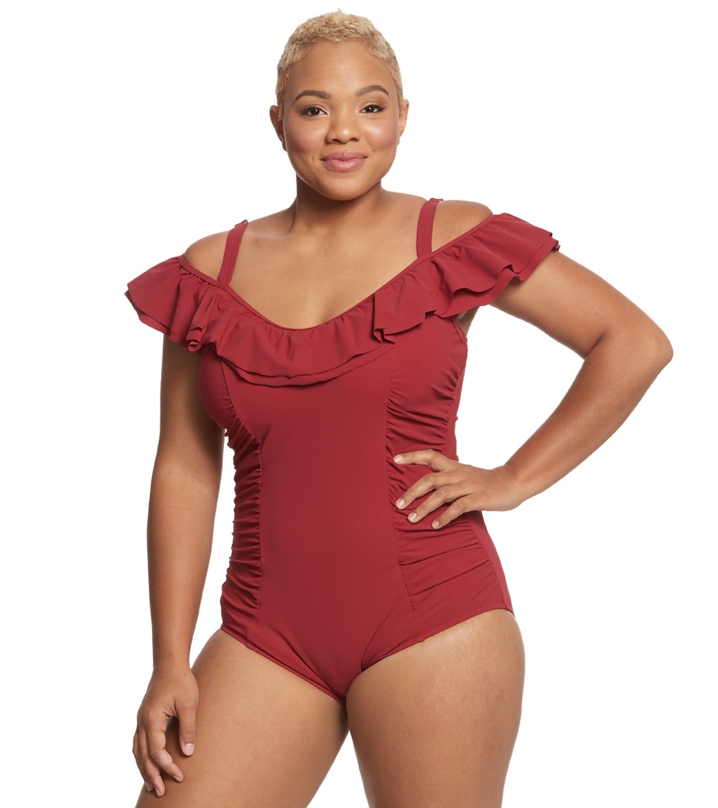Profile By Gottex Plus Size Tutti Frutti Off The Shoulder One Piece Swimsuit - Ruby 18W Lycra®/Polyamide - Swimoutlet.com