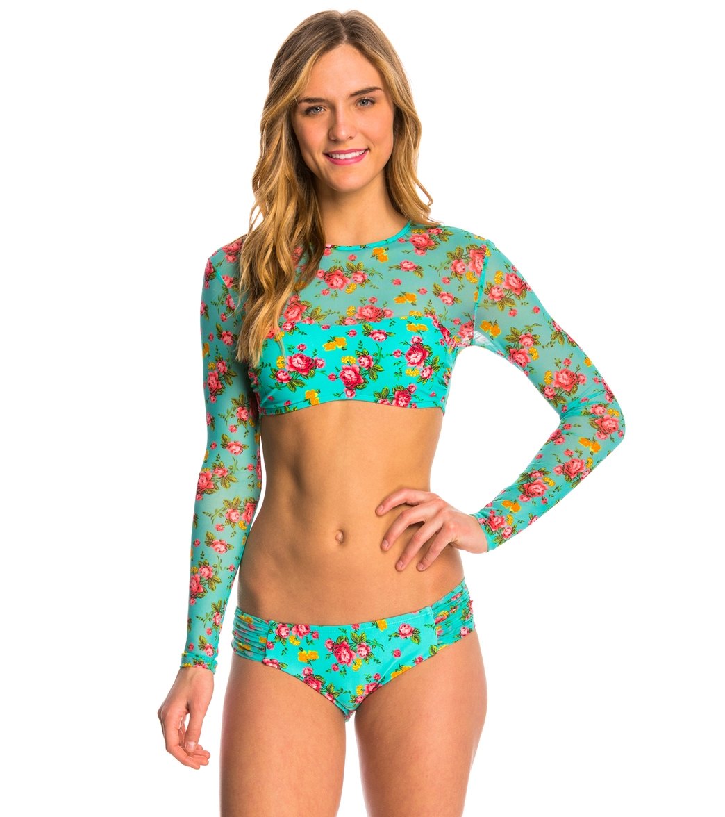 Betsey Johnson Swimwear Flower Bomb L S Crop Rashguard At SwimOutlet   8140769 50042 1A Zoomin 