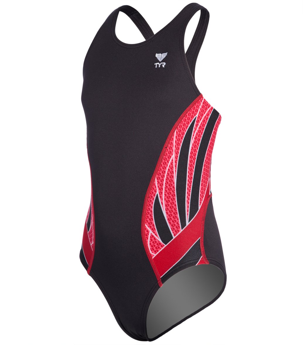 TYR Girls' Phoenix Maxfit One Piece Swimsuit - Black/Red 22 Polyester/Spandex - Swimoutlet.com