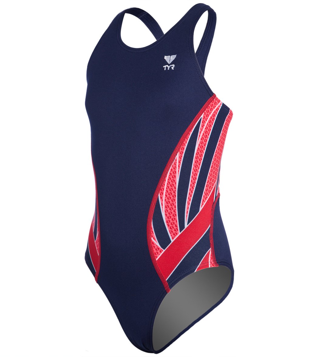 TYR Girls' Phoenix Maxfit One Piece Swimsuit - Navy/Red 22 Polyester/Spandex - Swimoutlet.com