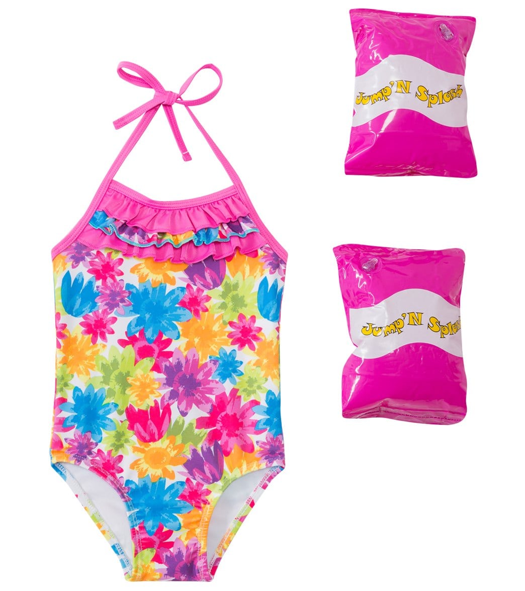 Jump N Splash Toddler Girls' Flower Shower One Piece Swimsuit W/ Free Floaties 2T-3T - Multi 2T - Swimoutlet.com