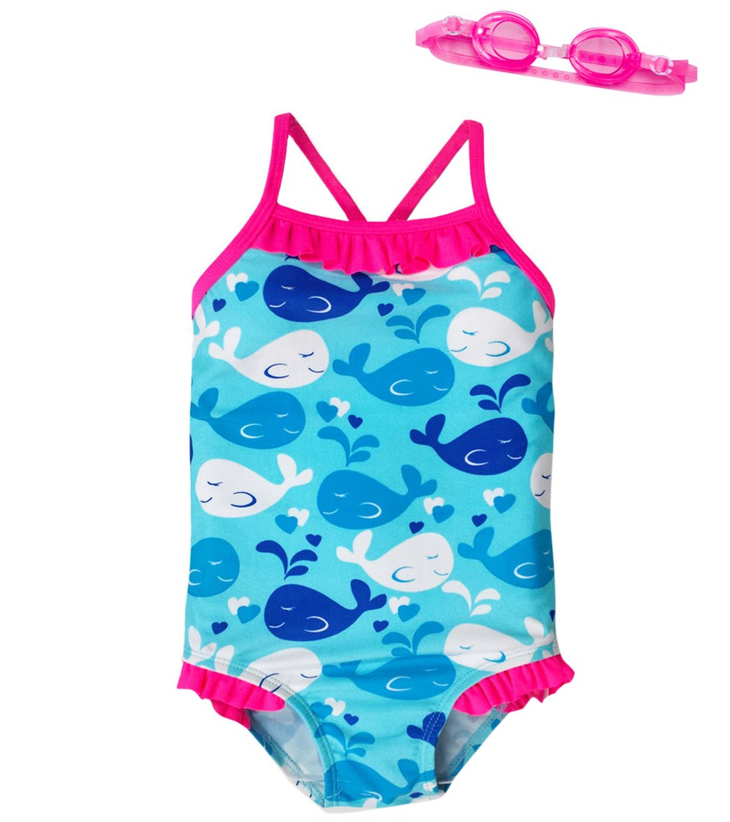 Jump N Splash Girls' Whale Tale One Piece Swimsuit w/ Free Goggles (4 ...