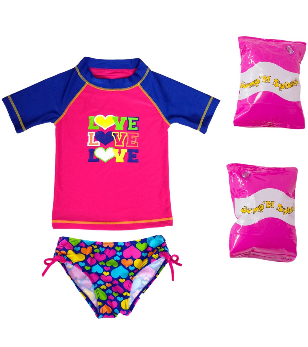 Jump N Splash Toddler Girls' Triple Love Two-Piece Short Sleeve Rashguard Set W/ Free Floaties 2T-3T - Multi 2T - Swimoutlet.com