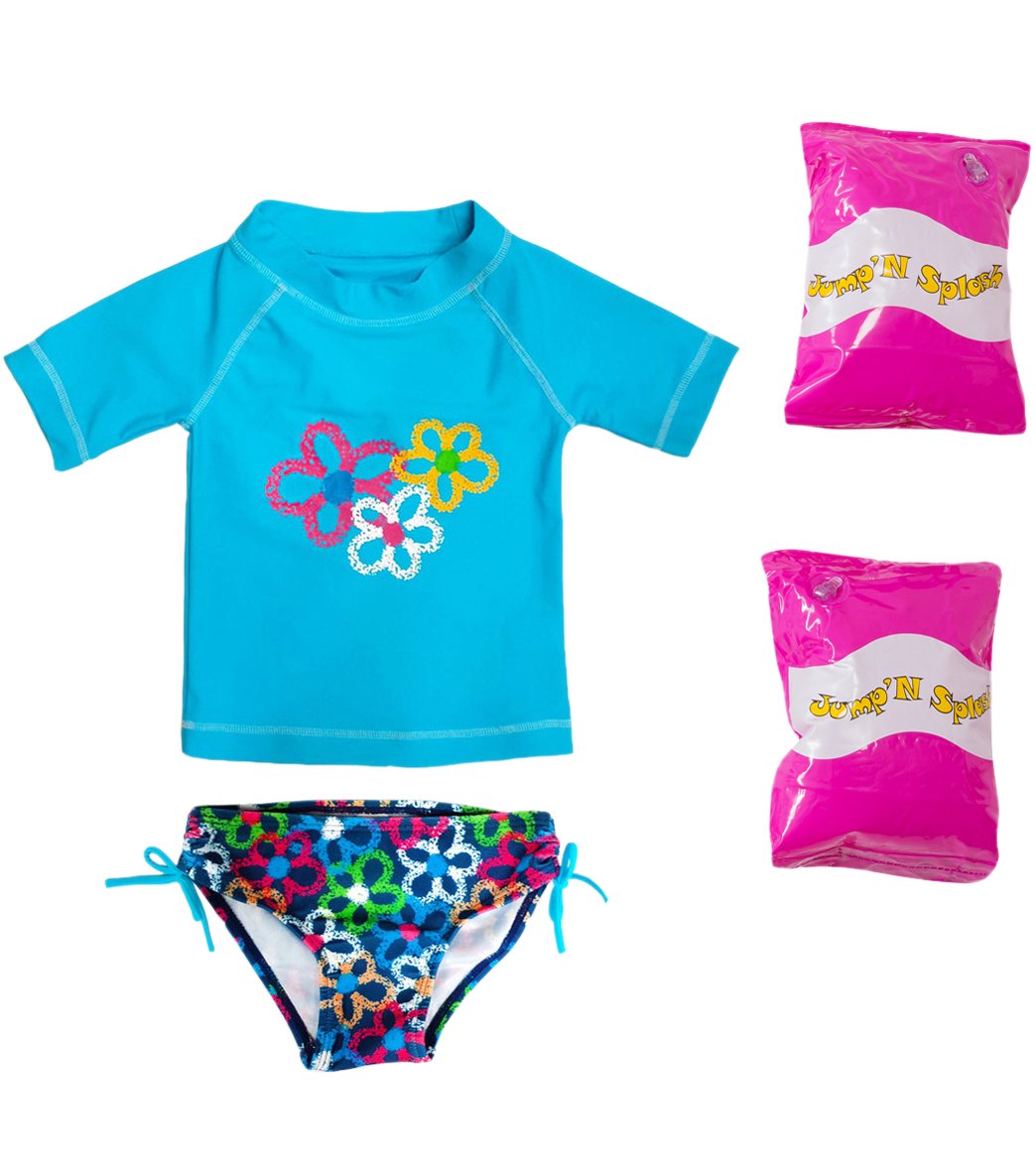 Jump N Splash Toddler Girls' Flower Power Two-Piece Short Sleeve Rashguard Set W/ Free Floaties 2T-3T - Multi 3T - Swimoutlet.com
