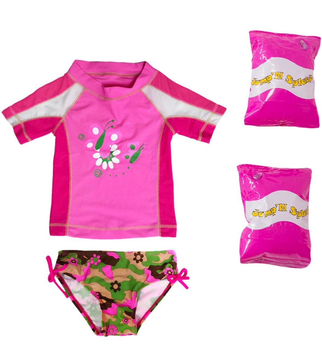 Jump N Splash Toddler Girls' Butterfly Two-Piece Short Sleeve Rashguard Set W/ Free Floaties 2T-3T - Multi 2T - Swimoutlet.com