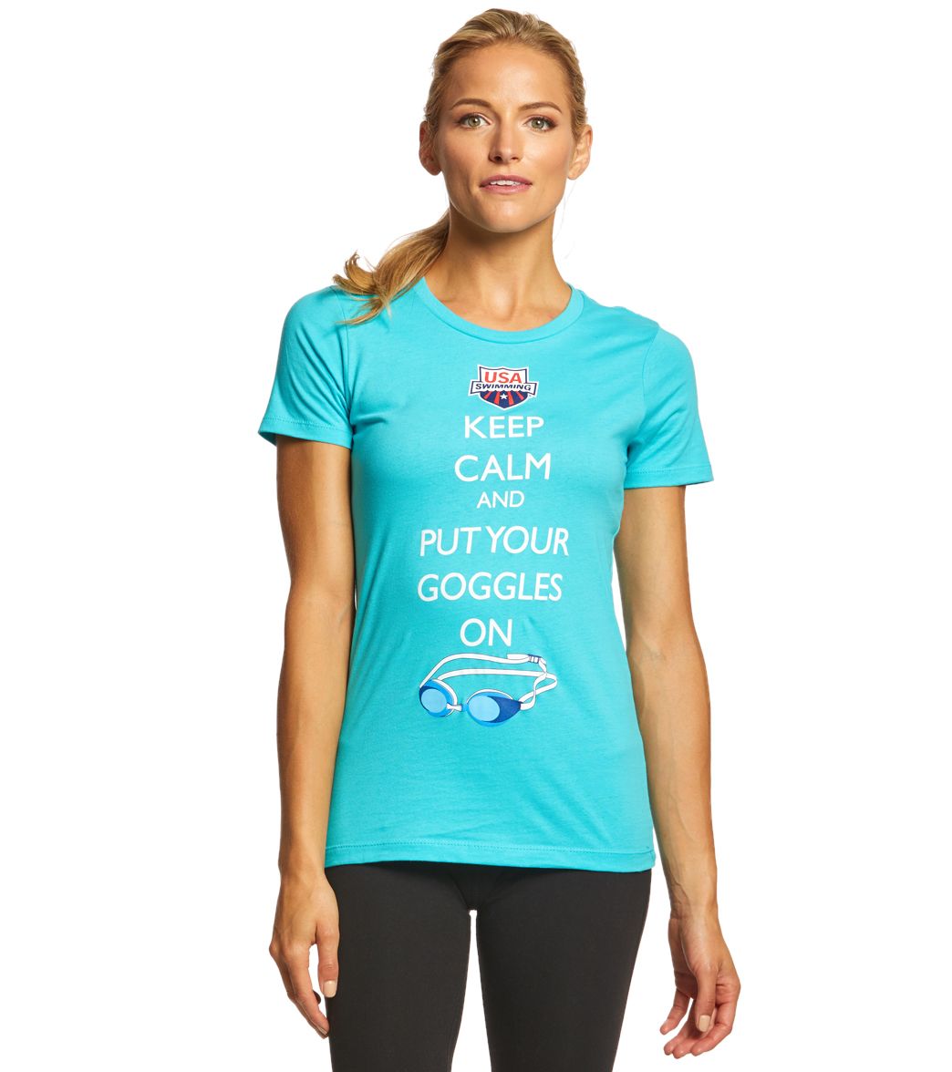 Usa Swimming Women's Keep Calm Crew Neck T-Shirt - Tahiti Blue Large Cotton - Swimoutlet.com