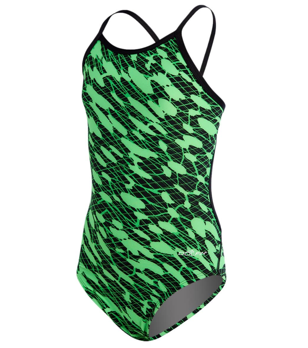 Dolfin Youth Poly Fusion Matrix String Back One Piece Swimsuit - Green 22 - Swimoutlet.com
