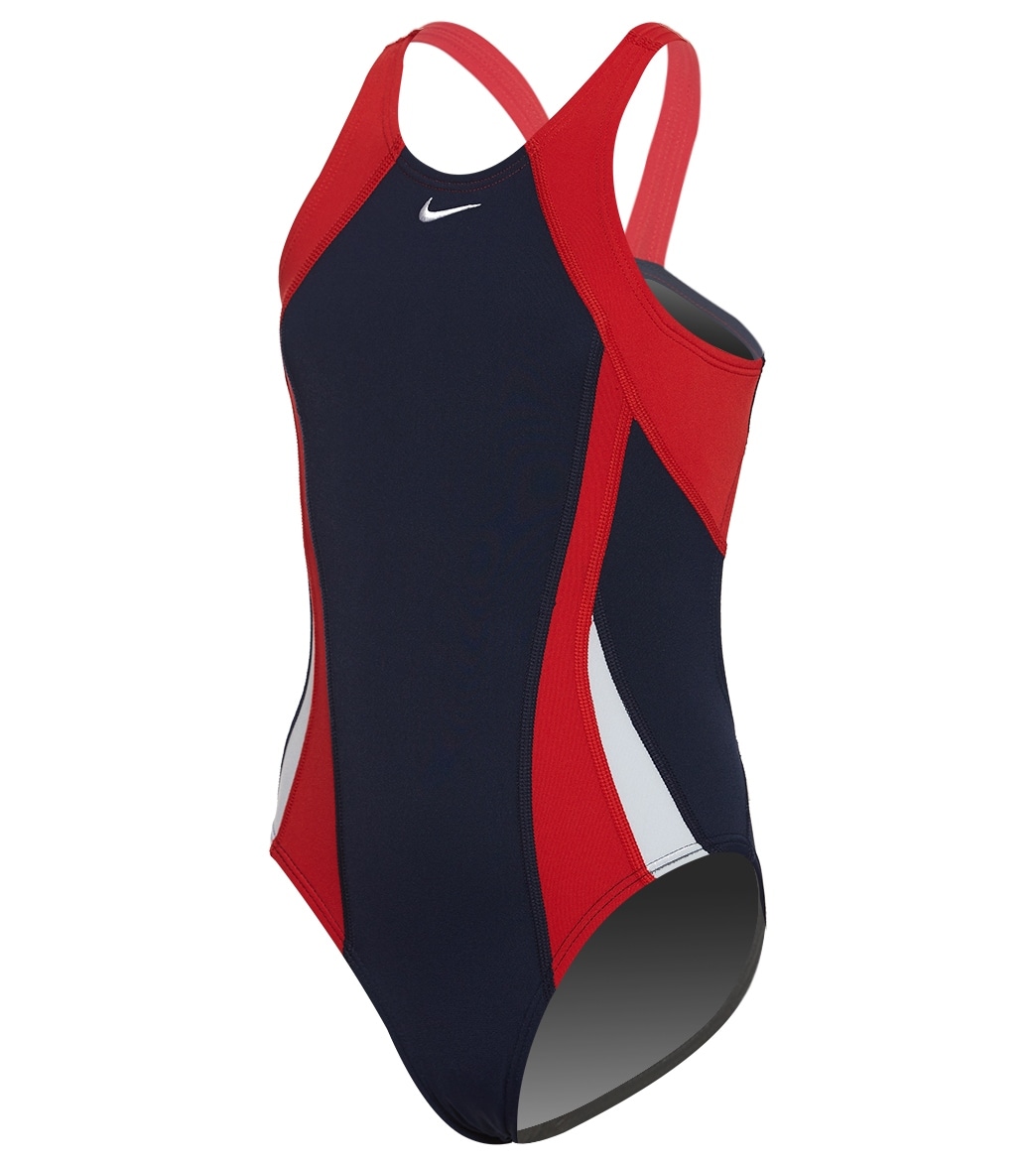 Nike Girls' Color Surge Fastback One Piece Swimsuit - Red/Navy 20 Polyester/Pbt - Swimoutlet.com