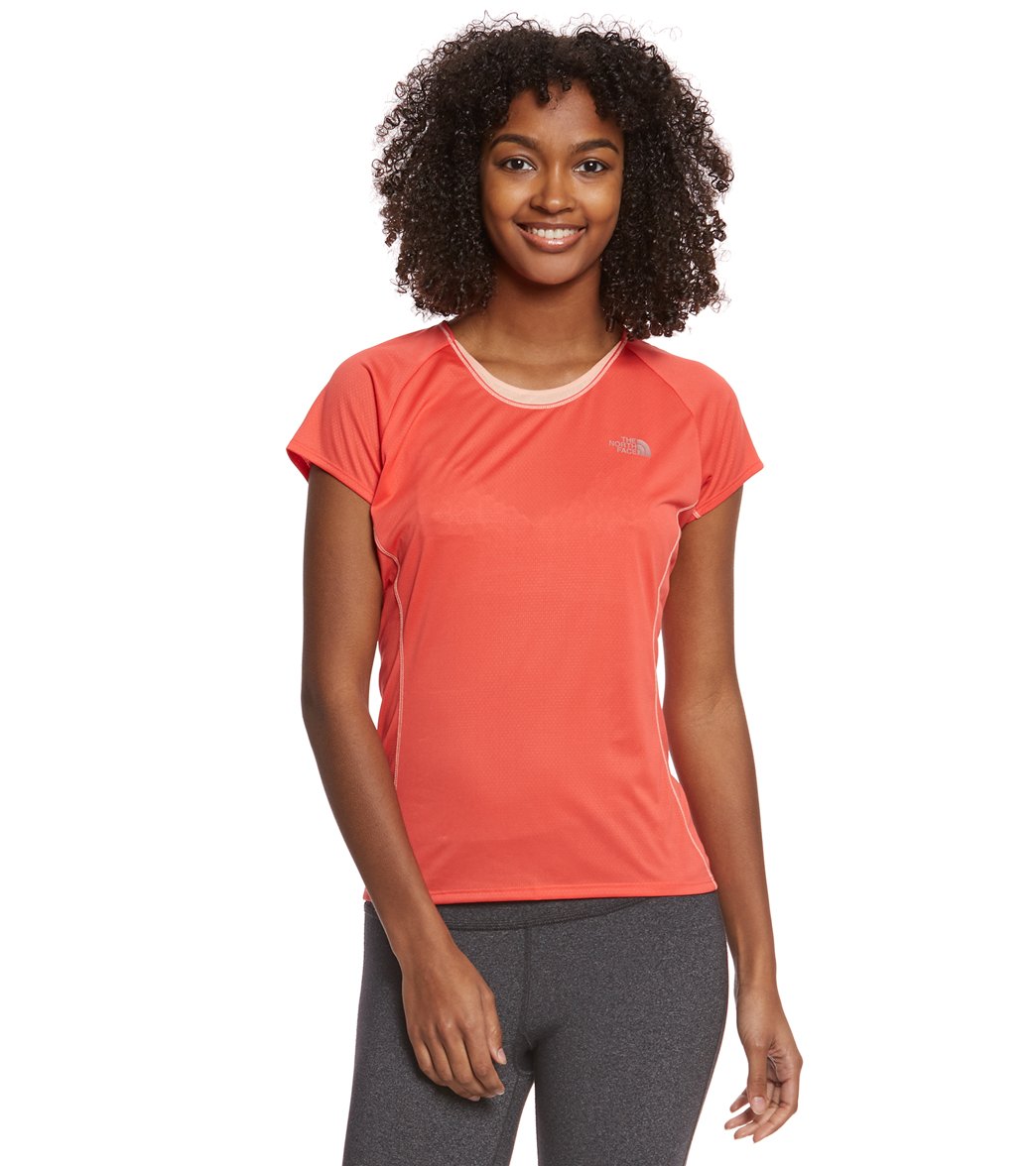 The North Face Women's Btn Short Sleeve Top - Cayenne Red/Tropical Peach Large Polyester - Swimoutlet.com