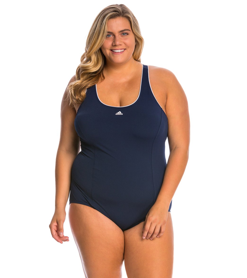 Adidas Women's Plus Size Piped One Piece Swimsuit at SwimOutlet.com - Free Shipping