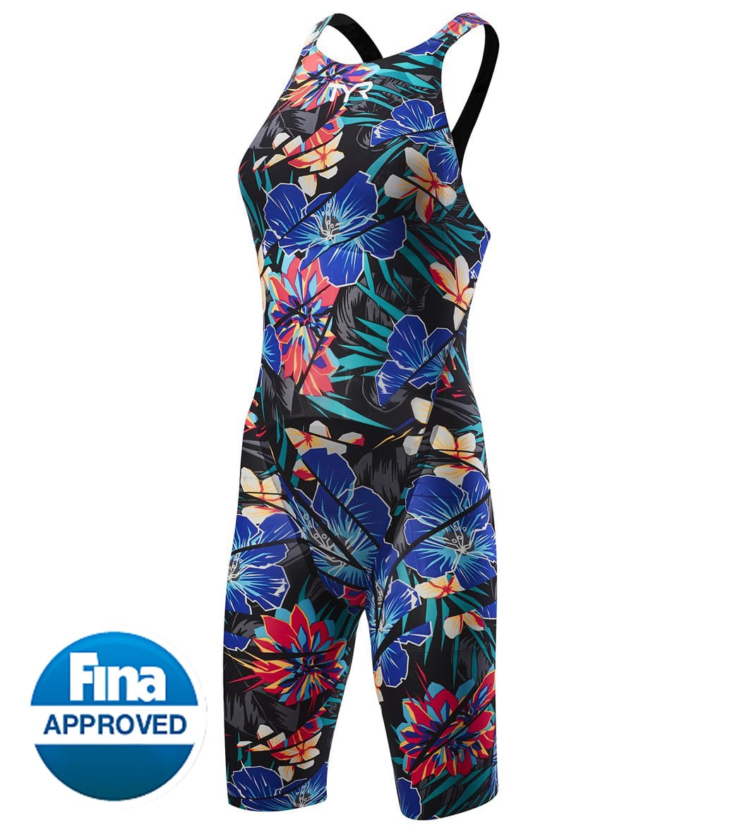 TYR Women's Limited Edition Lava Avictor Closed Back Kneeskin Tech Suit Swimsuit - Black/Blue/Red 34 Nylon/Lycra® - Swimoutlet.com