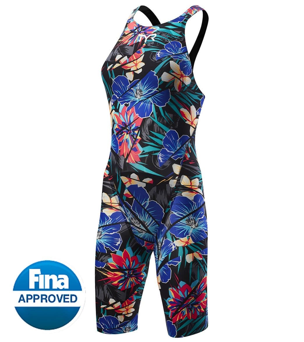 TYR Women's Limited Edition Lava Avictor Open Back Kneeskin Tech Suit Swimsuit - Black/Blue/Red 34 Nylon/Lycra® - Swimoutlet.com