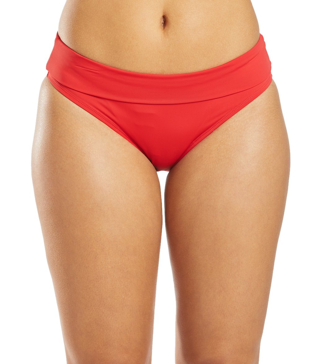 Skye Solid Mid Waist Foldover Bikini Bottom - Lipstick Small Nylon/Spandex - Swimoutlet.com