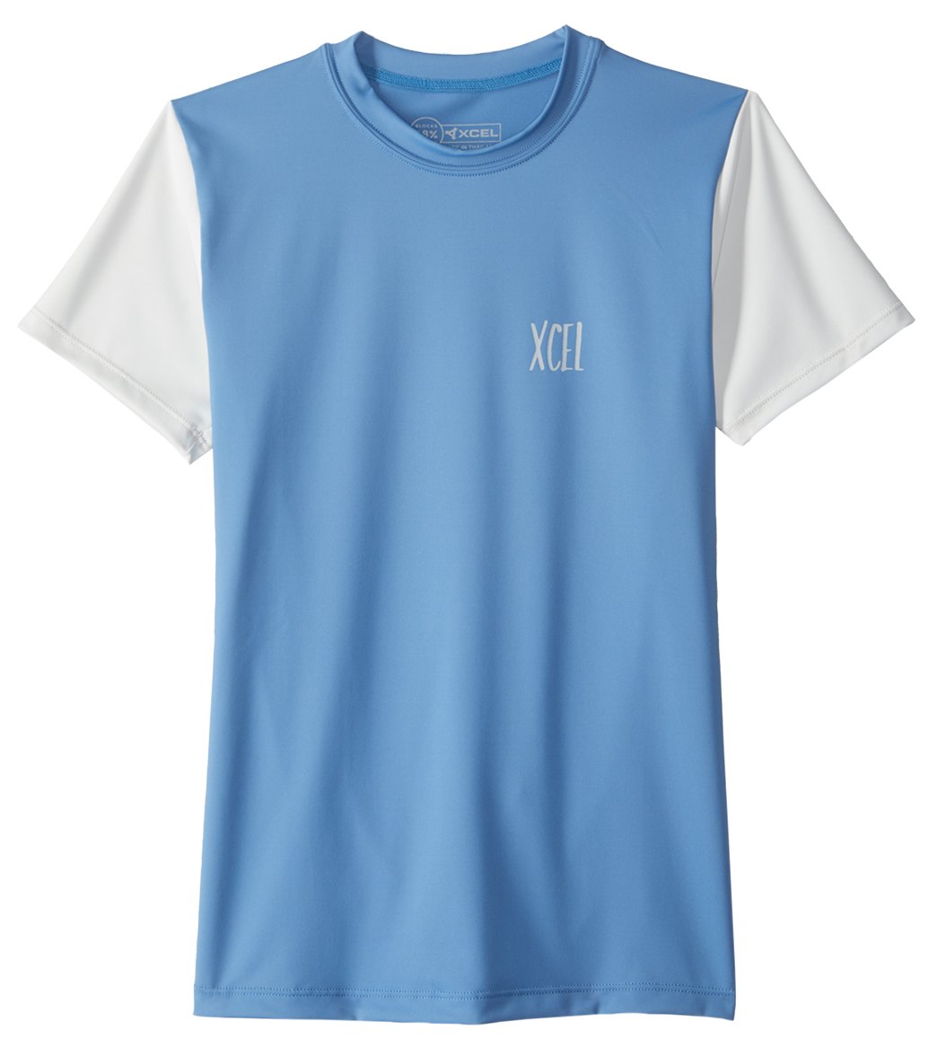 Xcel Boys' Cayucos Short Sleeve Surf Tee Shirt - Faience Blue/Ice Grey 6 Polyester/Spandex - Swimoutlet.com