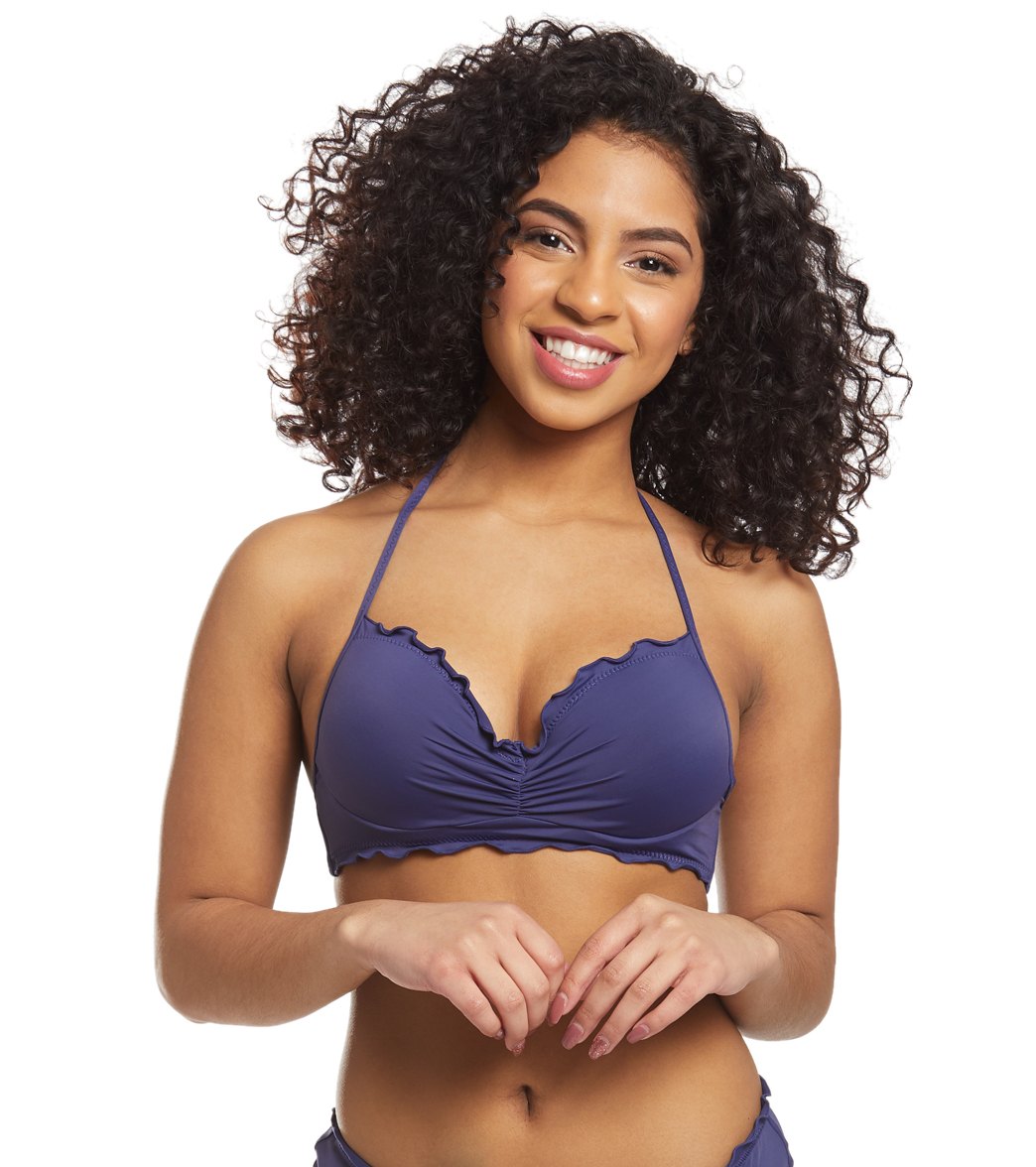 Hobie Solid Ruffled Underwire Bikini Top - Navy Large Polyester - Swimoutlet.com