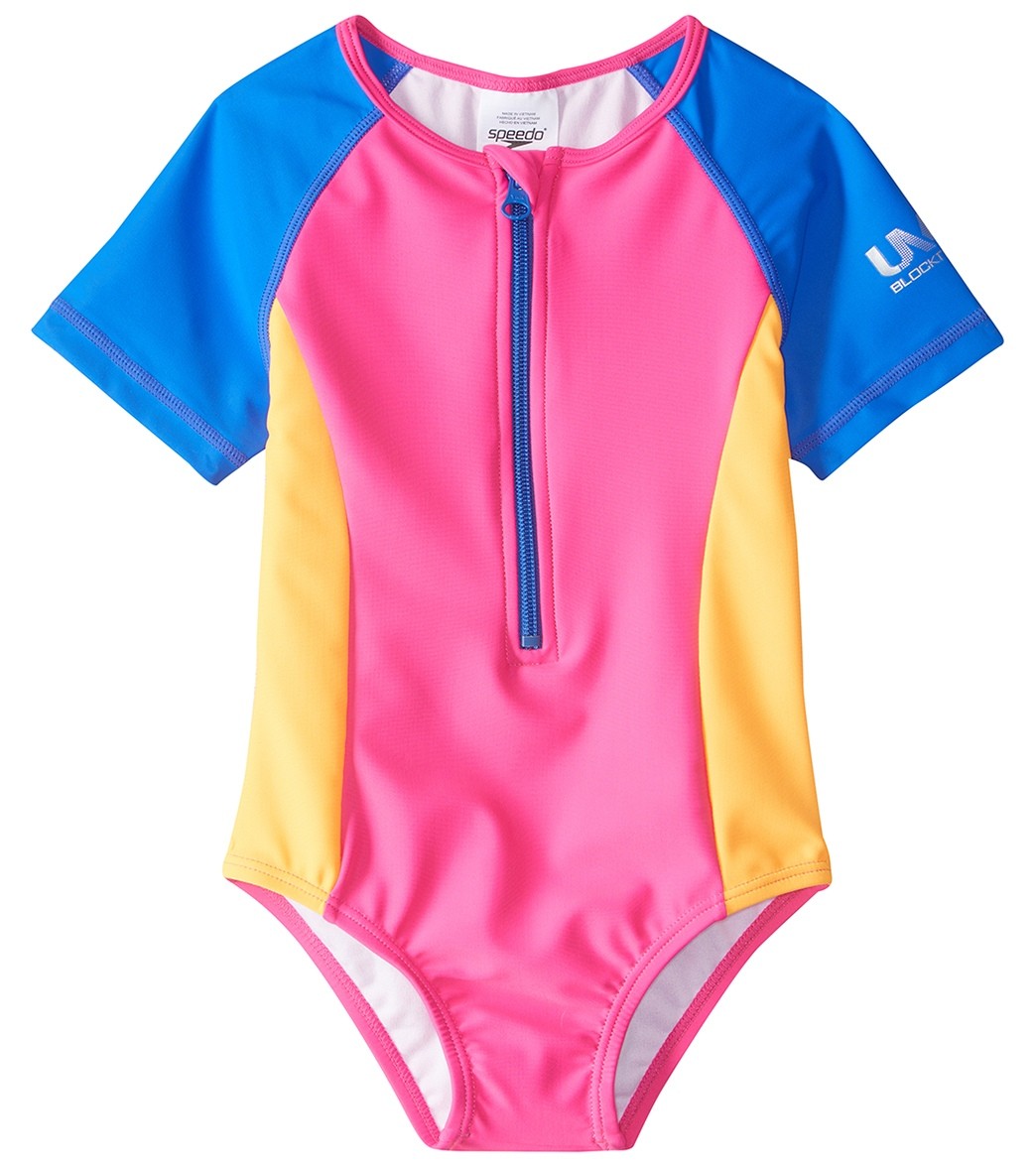 Speedo Girls' Learn To Swim Short Sleeve Zip One Piece Swimsuit (12mos