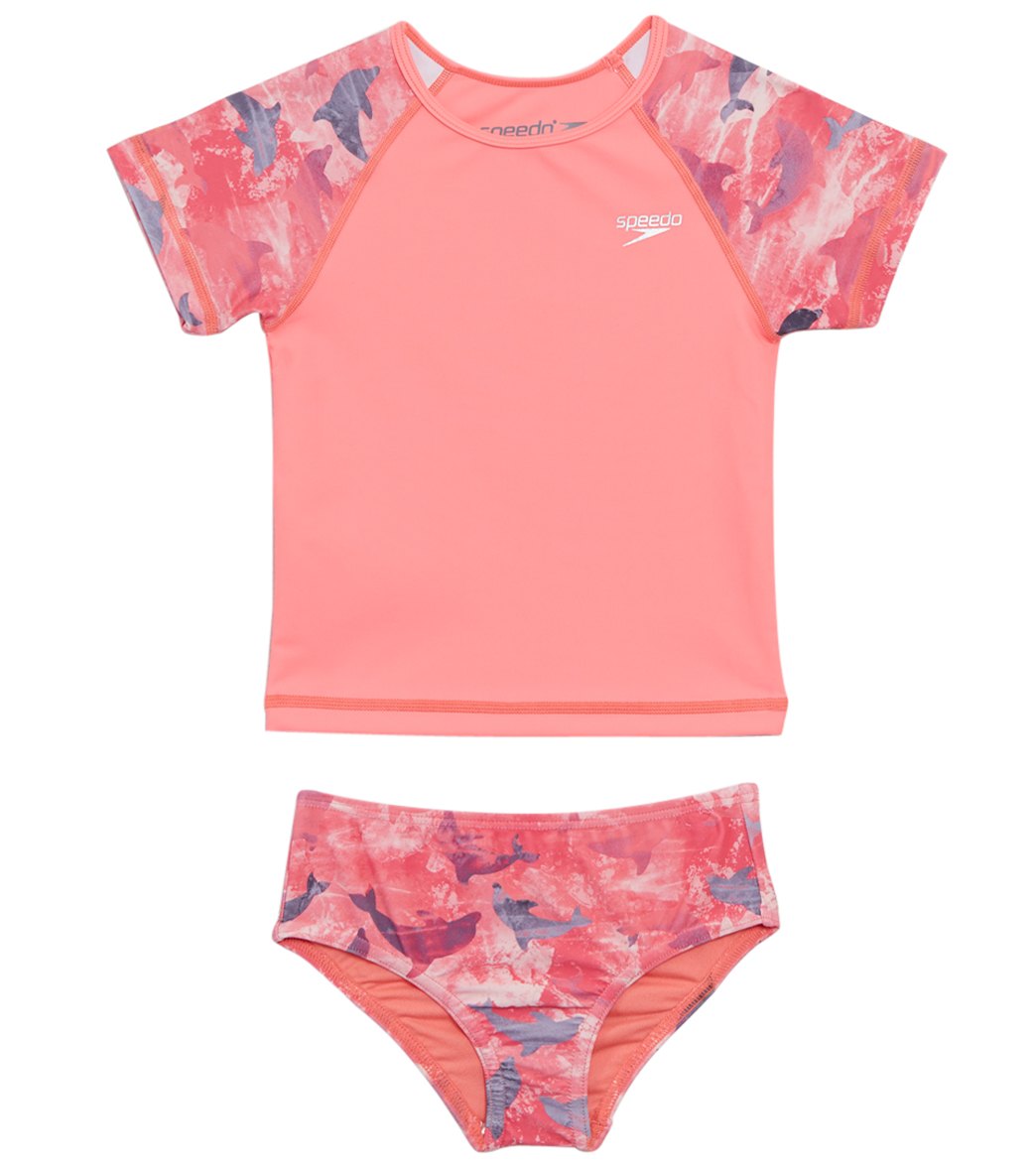 Speedo Girls' Learn To Swim Printed Short Sleeve Rash Guard Two Piece Set 12 Months-3T - Coral 12 Months Polyester/Spandex - Swimoutlet.com
