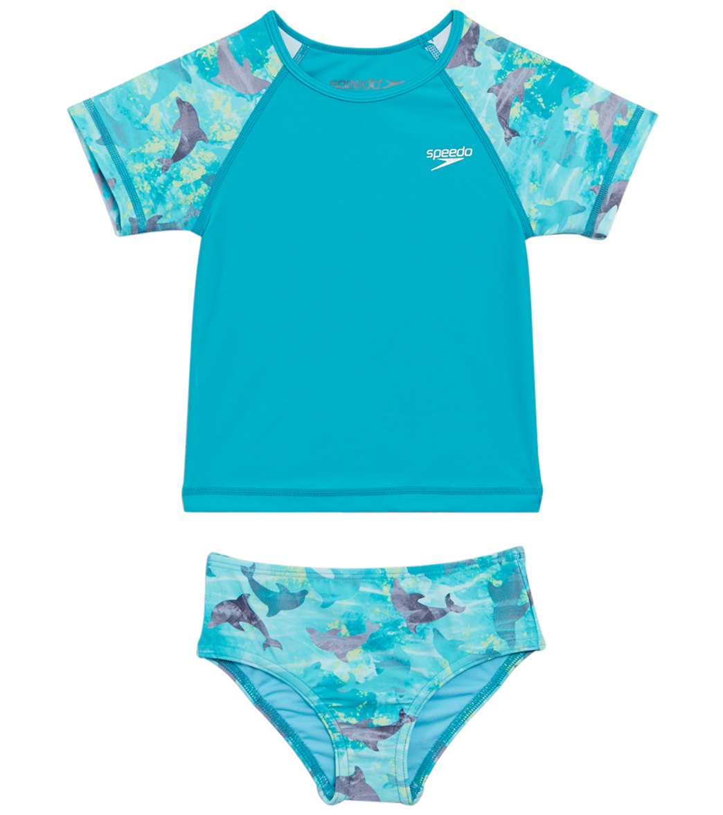 Speedo Girls' Learn To Swim Printed Short Sleeve Rash Guard Two Piece Set 12 Months-3T - New Turquoise 12 Months Polyester/Spandex - Swimoutlet.com