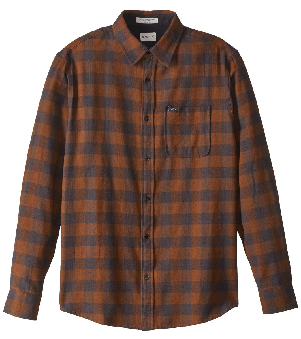 Matix Men's Buffalo Herringbone Long Sleeve Flannel Shirt - Brown Small Cotton - Swimoutlet.com
