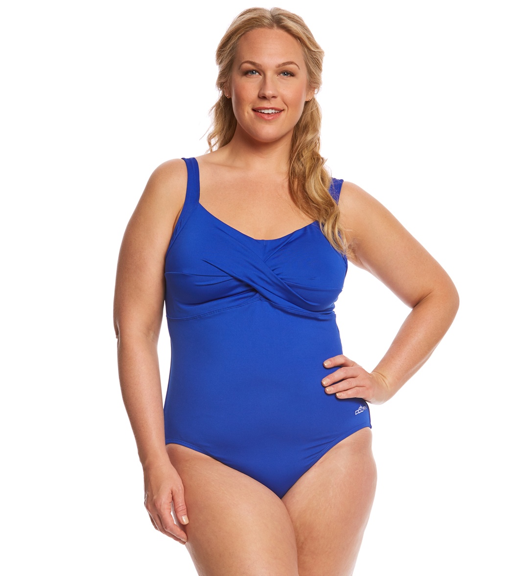 Dolfin Aquashape Women's Plus Size Drape Front One Piece Swimsuit - Blue 20 Polyester/Spandex - Swimoutlet.com