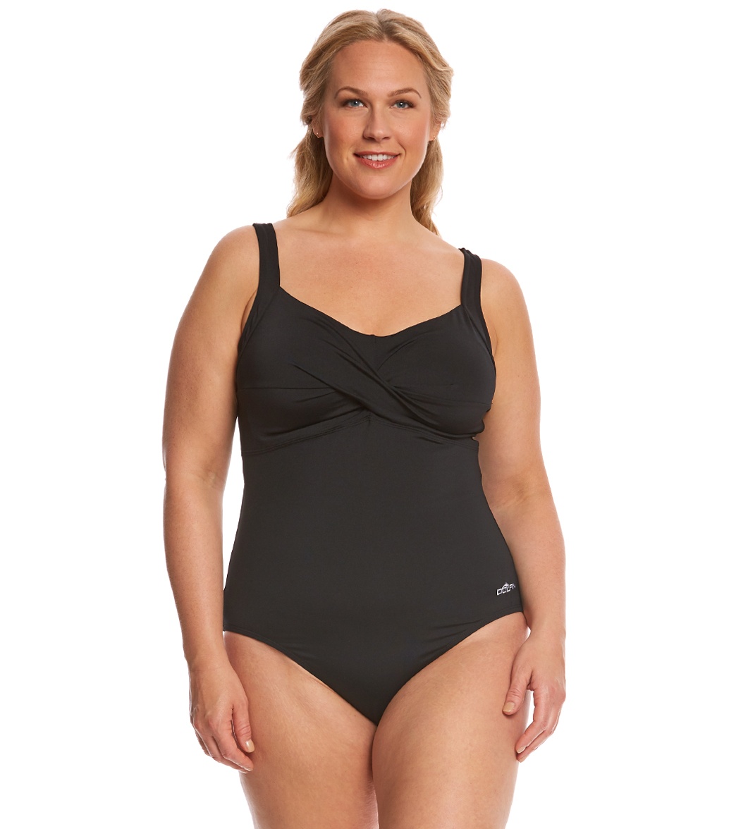 Dolfin Aquashape Women's Plus Size Drape Front One Piece Swimsuit - Black 20 Polyester/Spandex - Swimoutlet.com