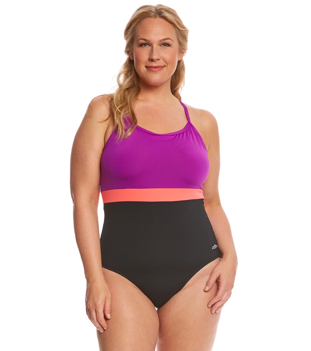 Dolfin Aquashape Women's Plus Size Cross Back One Piece Swimsuit - Black/Purple/Coral 22 Polyester/Spandex - Swimoutlet.com