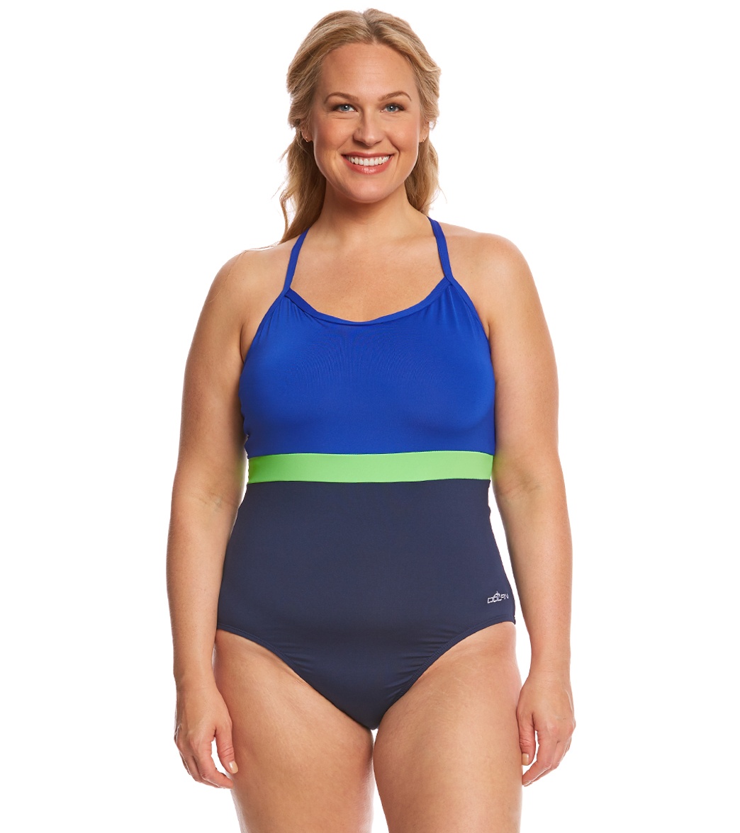 Dolfin Aquashape Women's Plus Size Cross Back One Piece Swimsuit - Navy/Blue/Lime 20 Polyester/Spandex - Swimoutlet.com