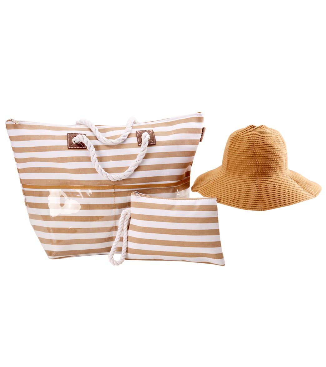 Sun N Sand Tote Hat Cosmetic Bag Beach Combo Set - Tan Cotton - Swimoutlet.com
