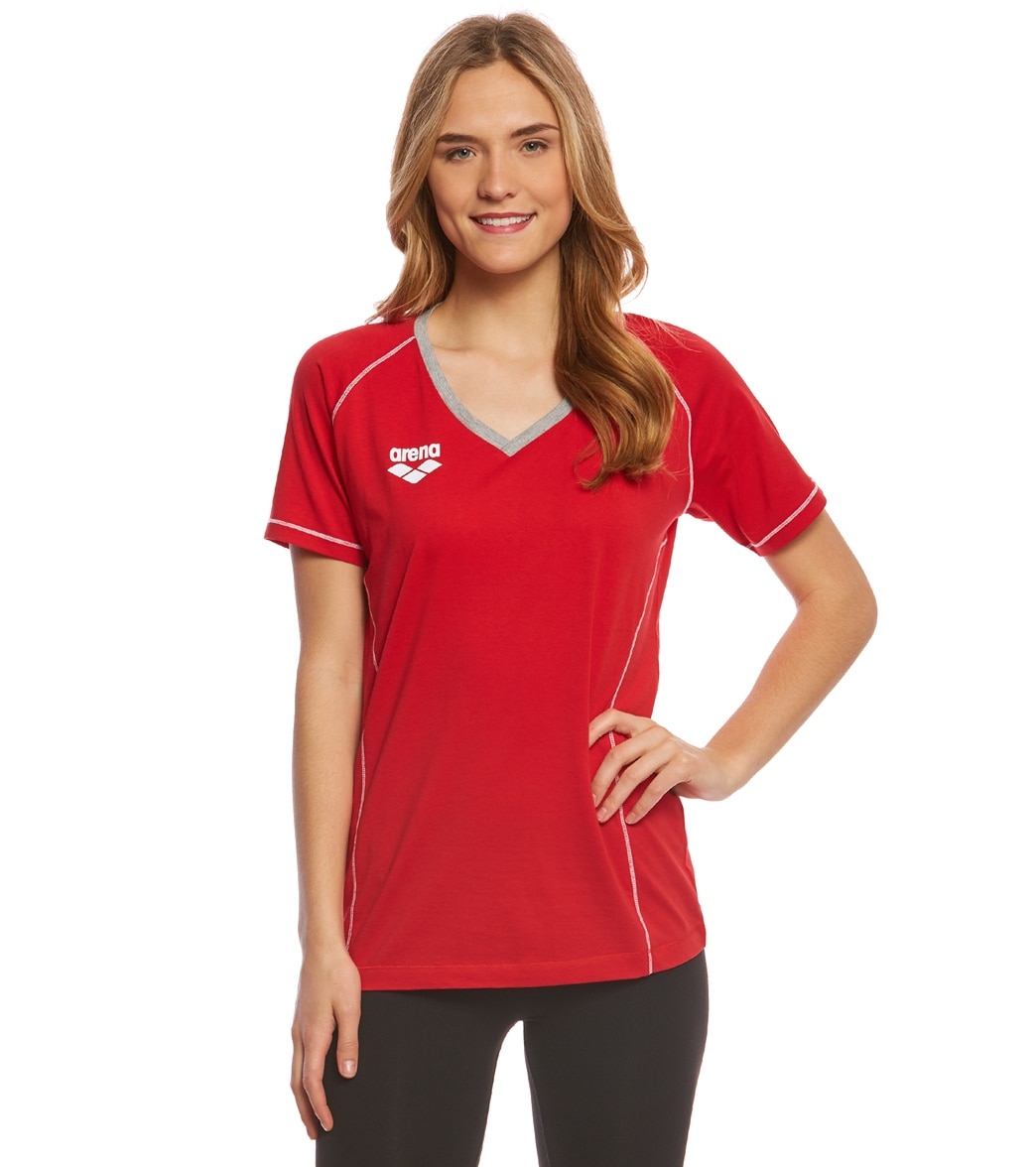 Arena Women's Team Line Short Sleeve V Neck T Shirt - Red Large Cotton - Swimoutlet.com