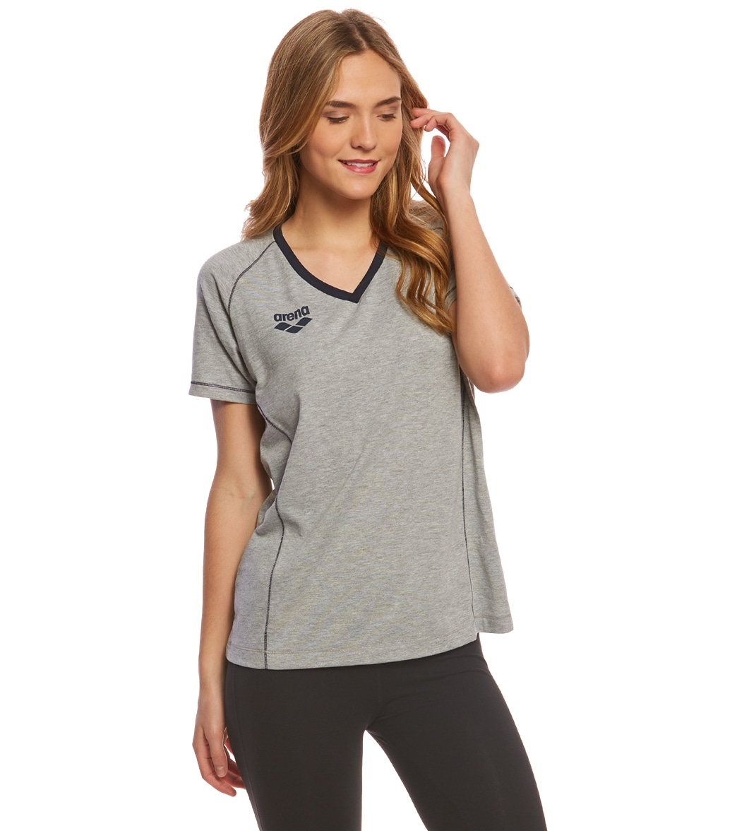 Arena Women's Team Line Short Sleeve V Neck T Shirt - Medium Grey Melange Large Cotton - Swimoutlet.com