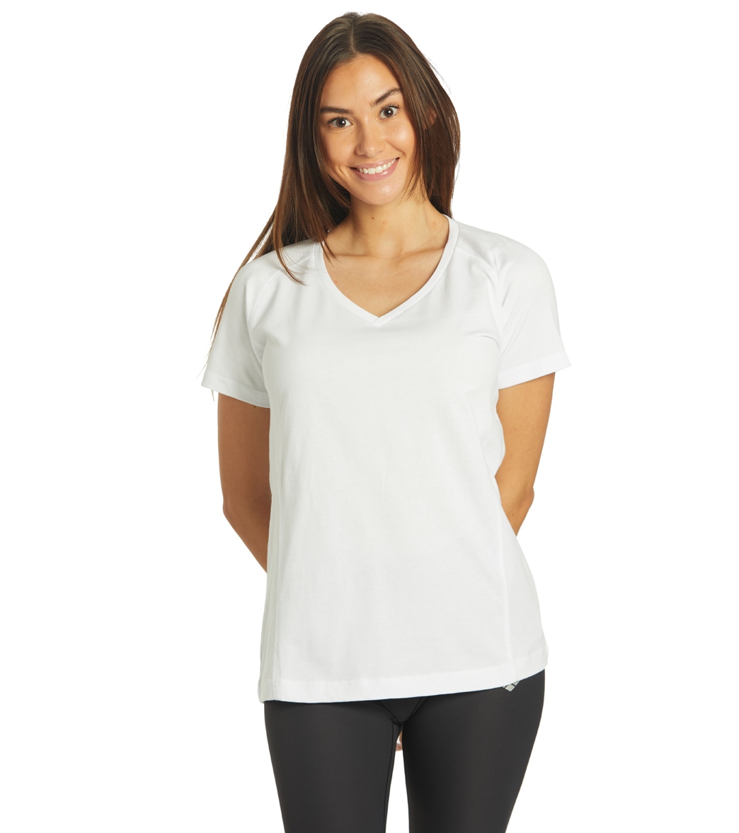 Arena Women's Team Line Short Sleeve V Neck T Shirt - White No Logo Large Cotton - Swimoutlet.com