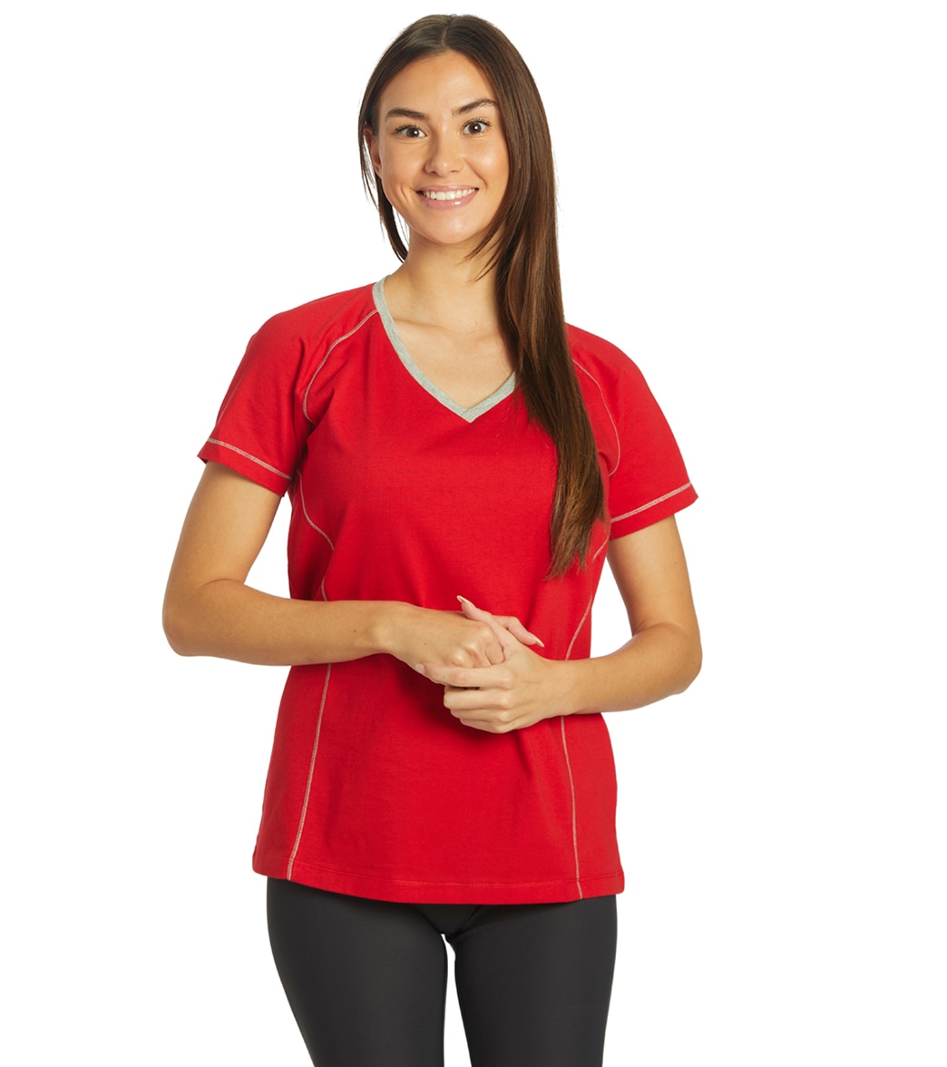 Arena Women's Team Line Short Sleeve V Neck T Shirt - Red No Logo Large Cotton - Swimoutlet.com