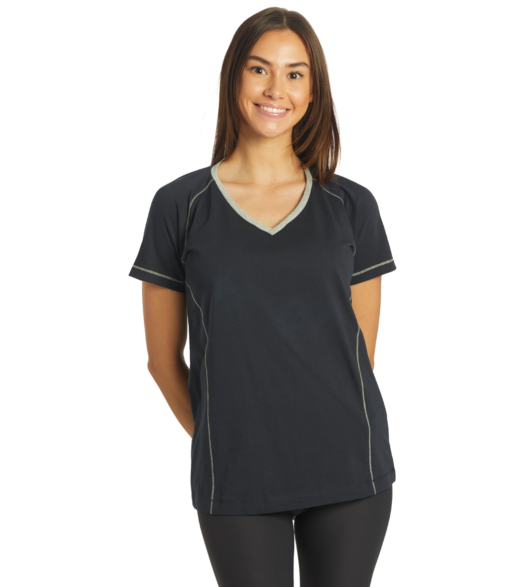 Arena Women's Team Line Short Sleeve V Neck T Shirt - Navy No Logo Large Cotton - Swimoutlet.com