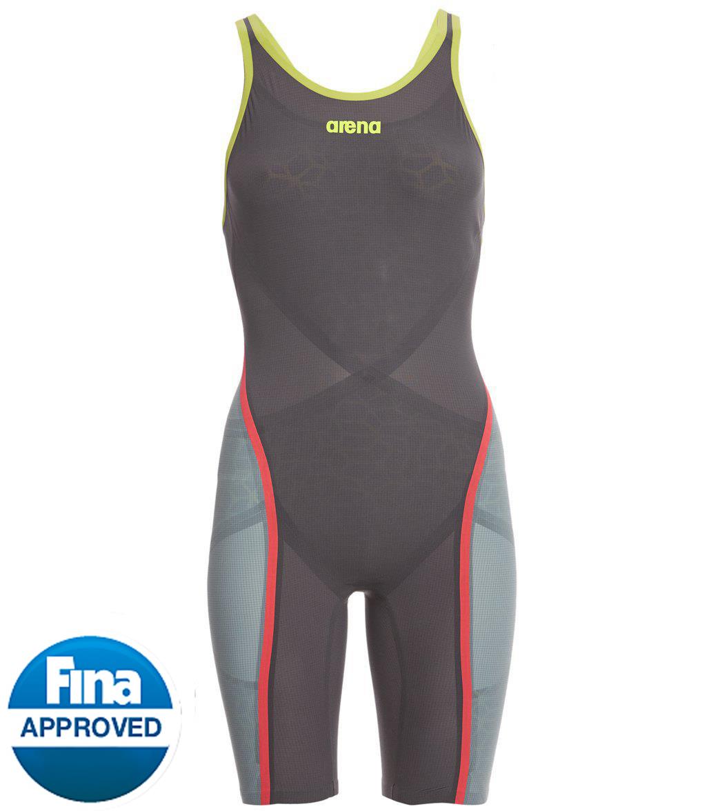 Arena Women's Powerskin Carbon/Elastane/Polyamide Ultra Open Back Tech Suit Swimsuit - Dark Grey/Fluorescent Yellow 30 - Swimoutlet.com