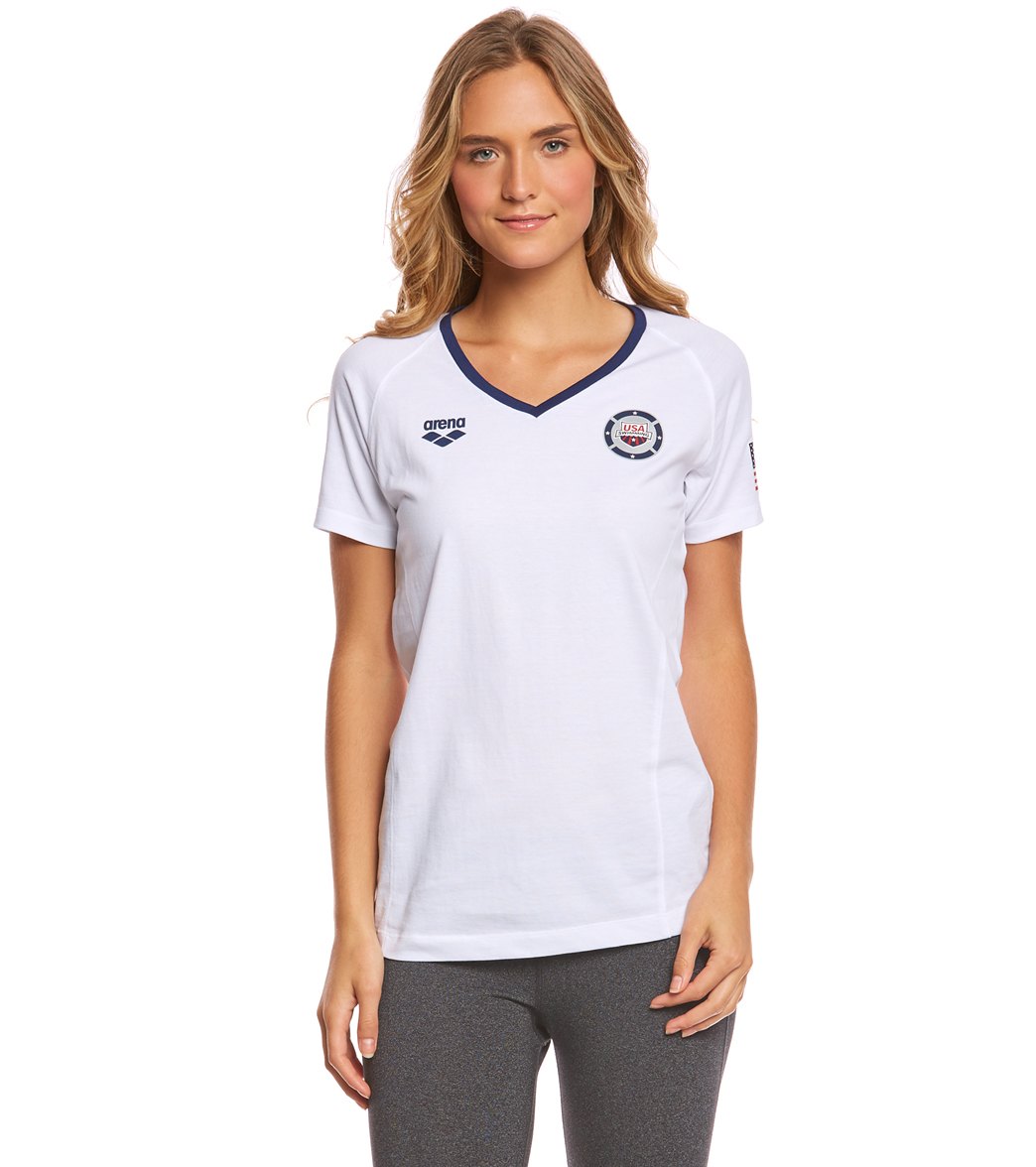 Arena Women's National Team Short Sleeve Tee Shirt - White/Navy Large Size Large Cotton - Swimoutlet.com