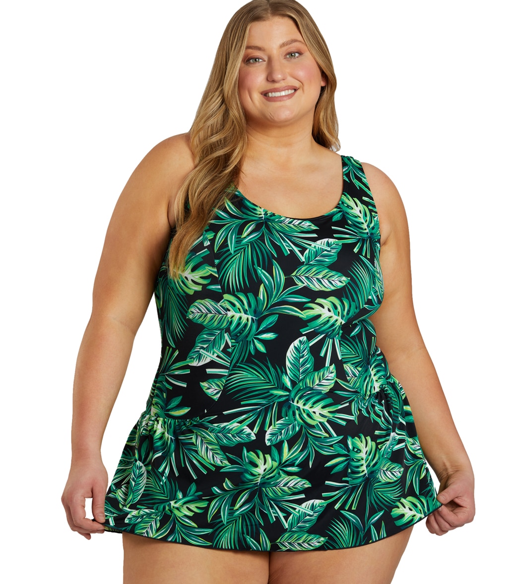 Sporti Plus Size Tropical Palm Leaf Swim Dress - 22W Nylon/Xtra/Life/Lycra® - Swimoutlet.com