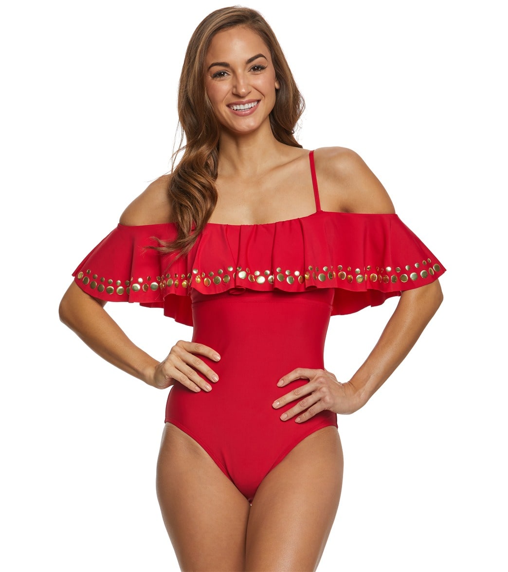 Athena Hey There Stud Cold Shoulder One Piece Swimsuit - Red 6 Elastane/Polyamide - Swimoutlet.com