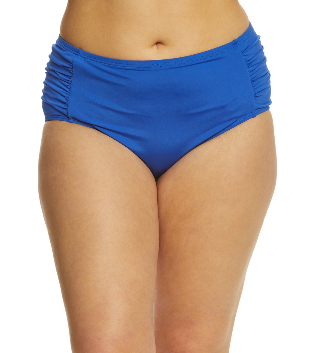 Kenneth Cole Reaction Plus Size Solid Mid High Shirred Bikini Bottom - Marina 2X - Swimoutlet.com