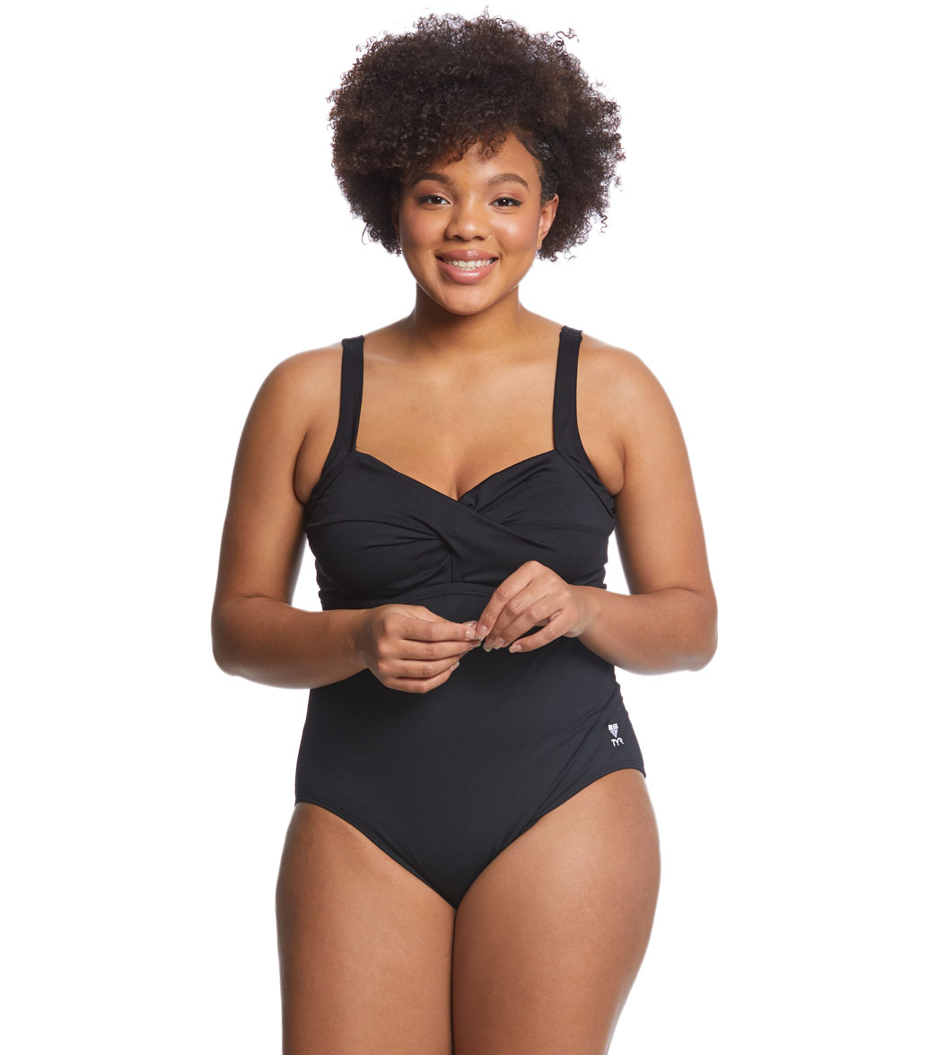 TYR Women's Plus Size Solid Twisted Bra Controlfit One Piece Swimsuit - Black 22W Polyester/Spandex - Swimoutlet.com