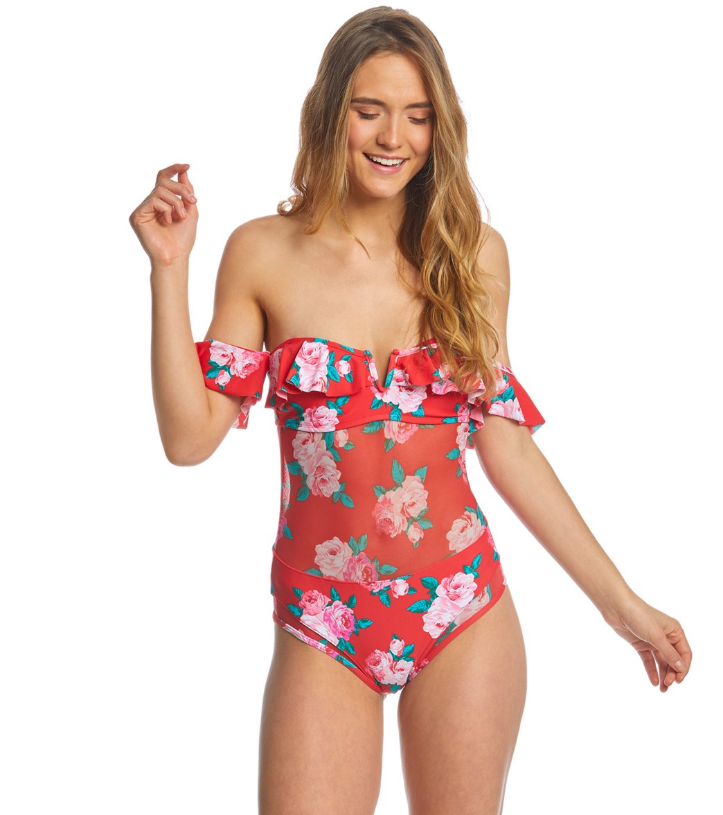 Betsey Johnson Rose Fantasy One Piece Swimsuit - Red Small - Swimoutlet.com