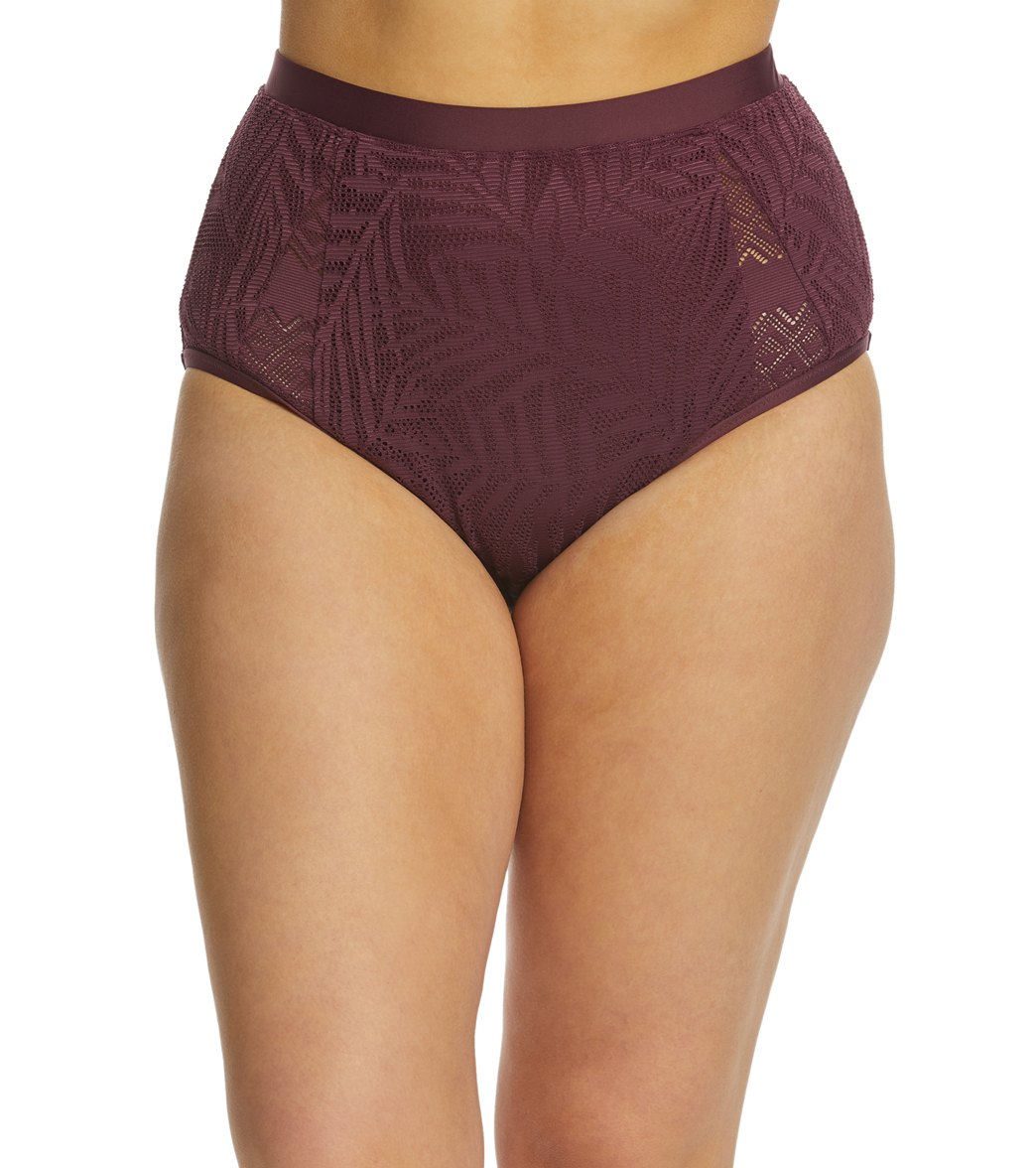 Jessica Simpson Plus Size Crochet High Waist Bikini Bottom - Wine 1X - Swimoutlet.com