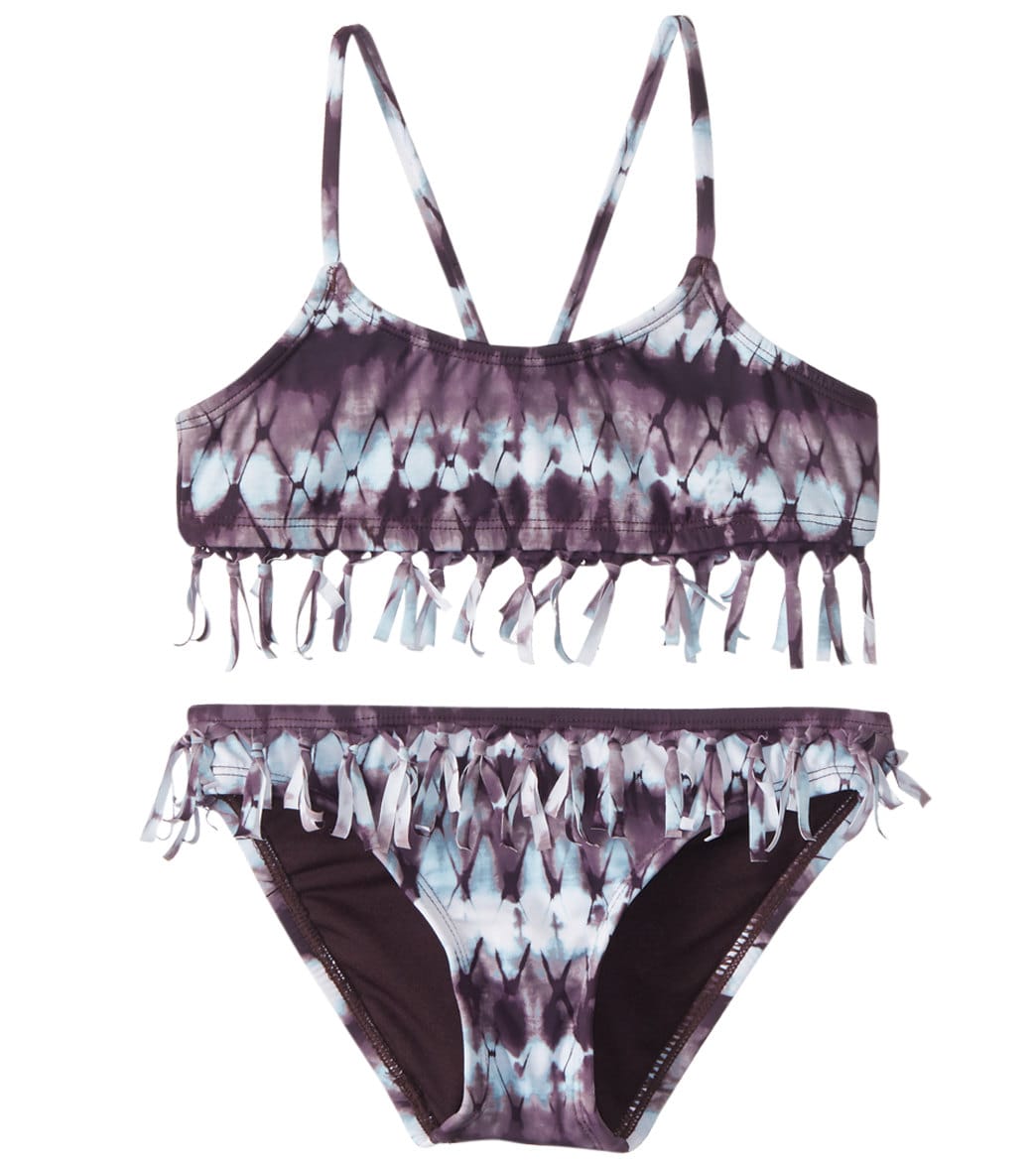 Hobie Girls' Tie Dyemonds Fringe Bralette and Hipster Swimwear Set (Big