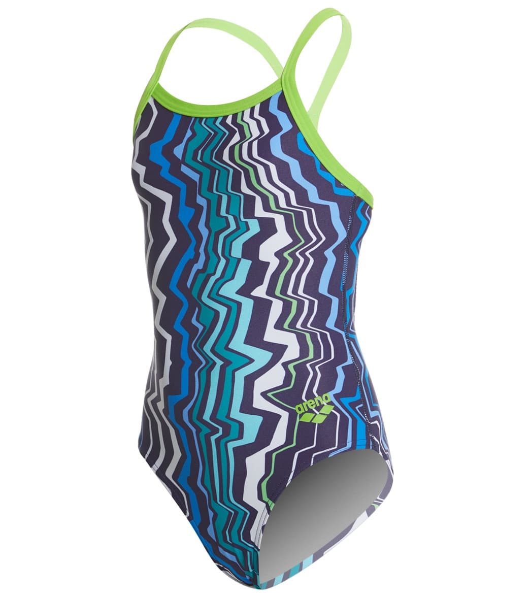 Arena Girls' Zig Zag Maxlife Sporty Thin Strap Racer Back One Piece Swimsuit - Royal/Leaf 22 Polyester/Pbt - Swimoutlet.com