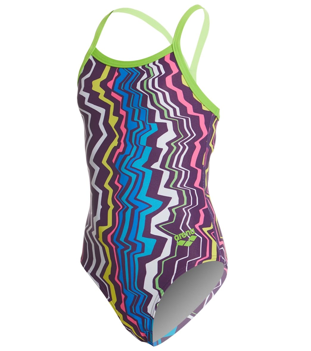 Arena Girls' Zig Zag Maxlife Sporty Thin Strap Racer Back One Piece Swimsuit - Purple/Leaf 22 Polyester/Pbt - Swimoutlet.com