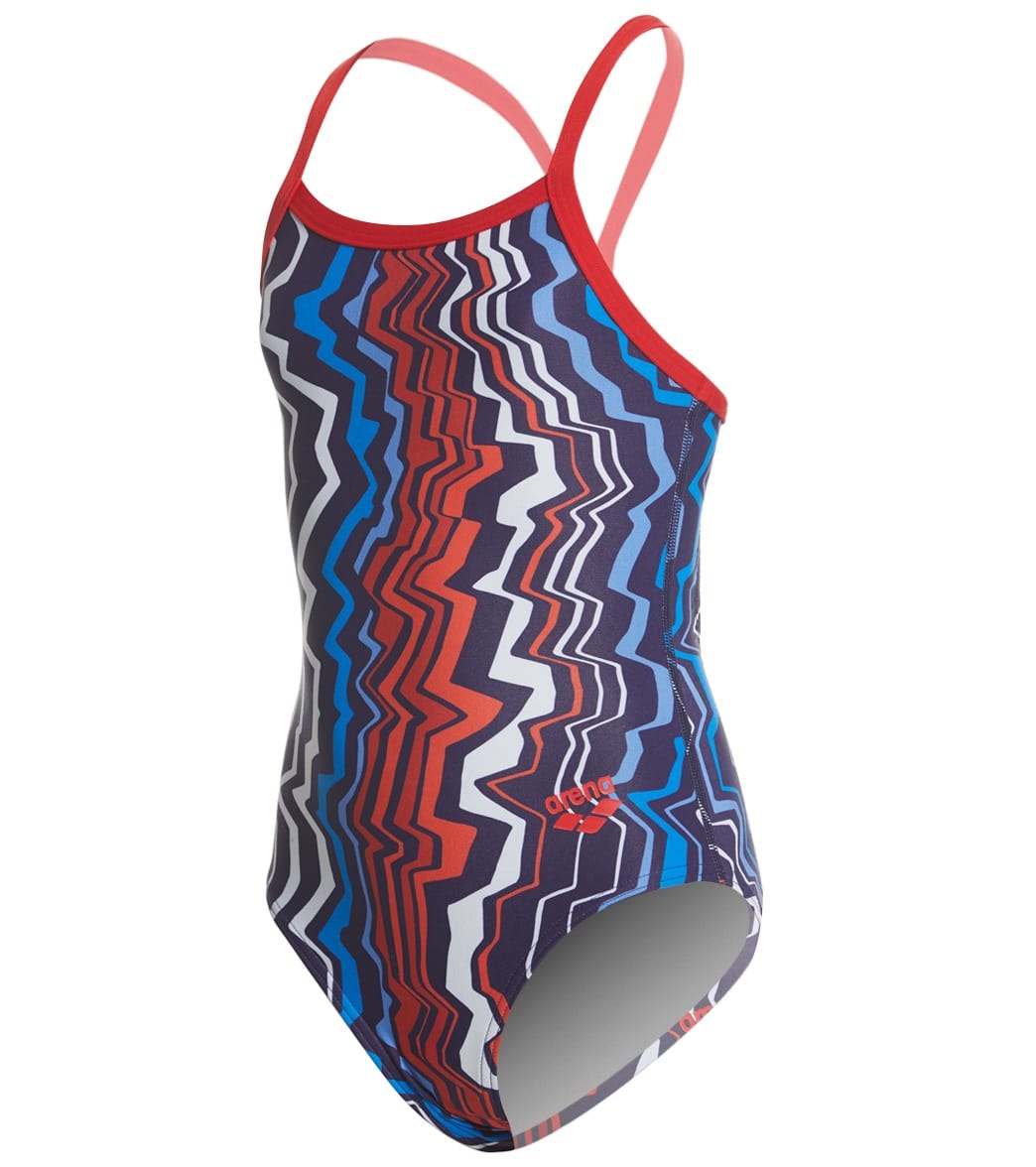 Arena Girls' Zig Zag Maxlife Sporty Thin Strap Racer Back One Piece Swimsuit - Navy/Red 22 Polyester/Pbt - Swimoutlet.com