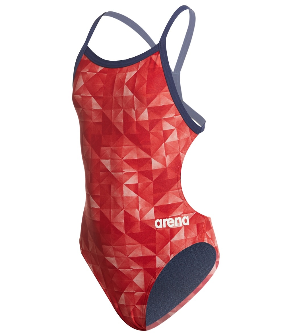 Arena Girls' Mast Origami Maxlife Open Racer Back One Piece Swimsuit - Red/Navy 22 Polyester/Pbt - Swimoutlet.com