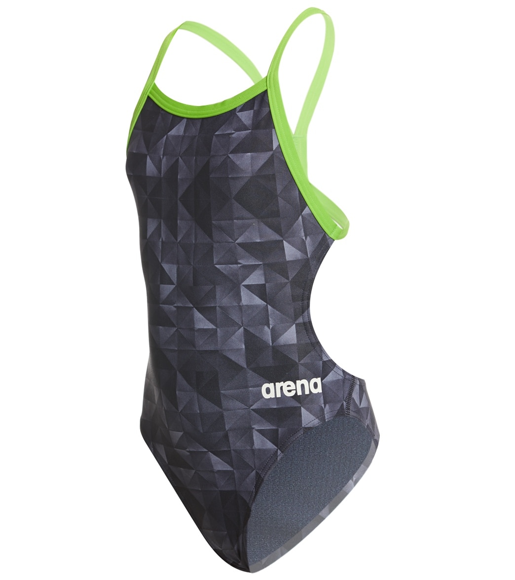 Arena Girls' Mast Origami Maxlife Open Racer Back One Piece Swimsuit - Black/Leaf 22 Polyester/Pbt - Swimoutlet.com