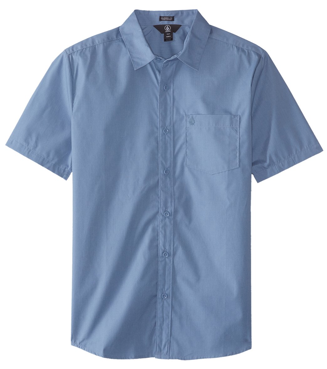 Volcom Men's Everett Solid Short Sleeve Shirt - Wrecked Indigo X-Small Cotton/Polyester - Swimoutlet.com